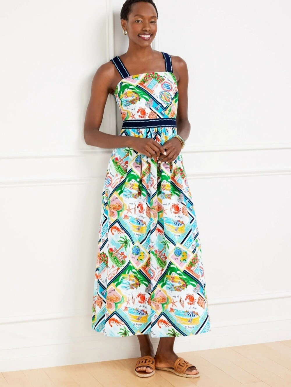 🌴 Talbots Petite 10 Coastal Print Cotton Midi Dress - Picture 6 of 7